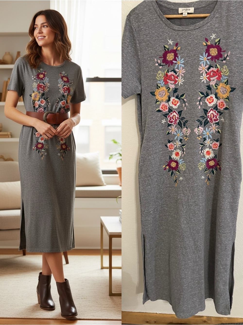 Umgee Small Gray Embroidered Floral Midi T-Shirt Dress Boho Cottagecore